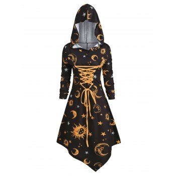 

Skull Sun and Moon Lace Up Halloween Hooded Dress, Yellow