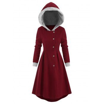 Women Snap Button Fur Trim Skirted Hooded Coat M Red wine