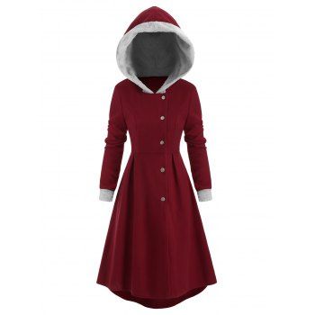 

Snap Button Fur Trim Skirted Hooded Coat, Red wine