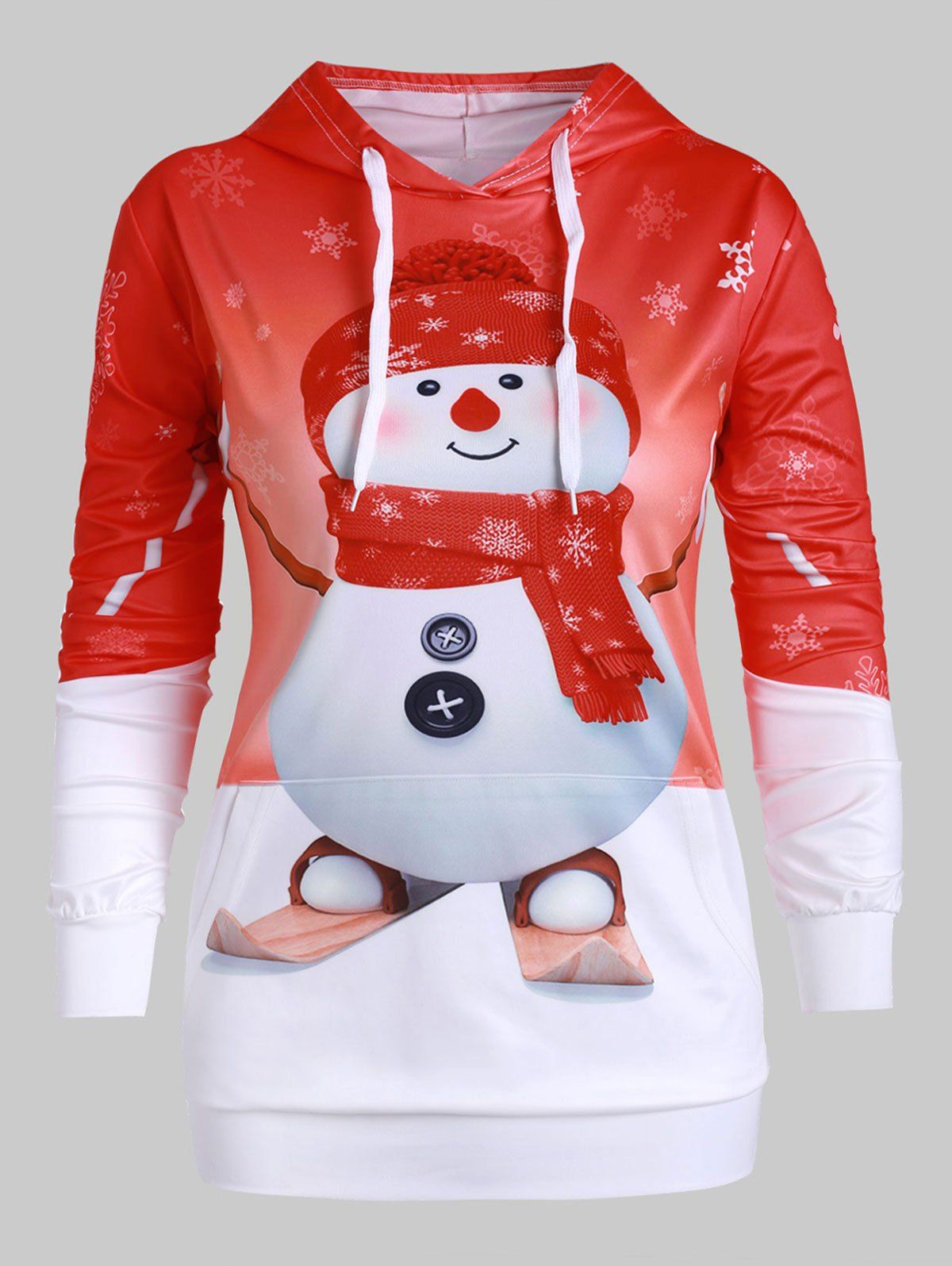 

Snowman Print Front Pocket Plus Size Christmas Hoodie, Red