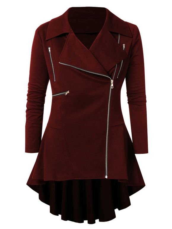 Manteau Haut Bas Embelli de Zip Grande Taille Col à Revers - Rouge Vineux 4X