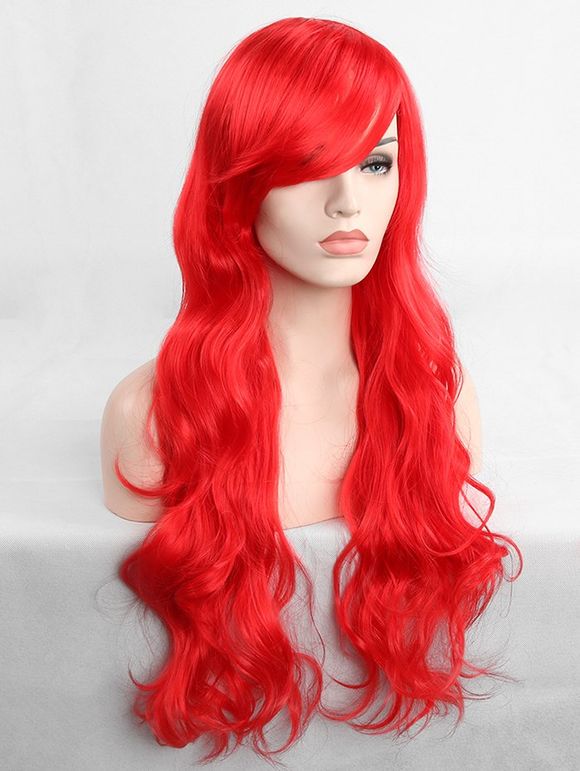 Long Inclined Fringe Wavy Cosplay Synthetic Wig - RED 
