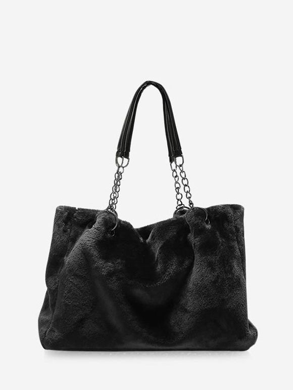 Solid Plush Chain Rectangle Handbag - BLACK 