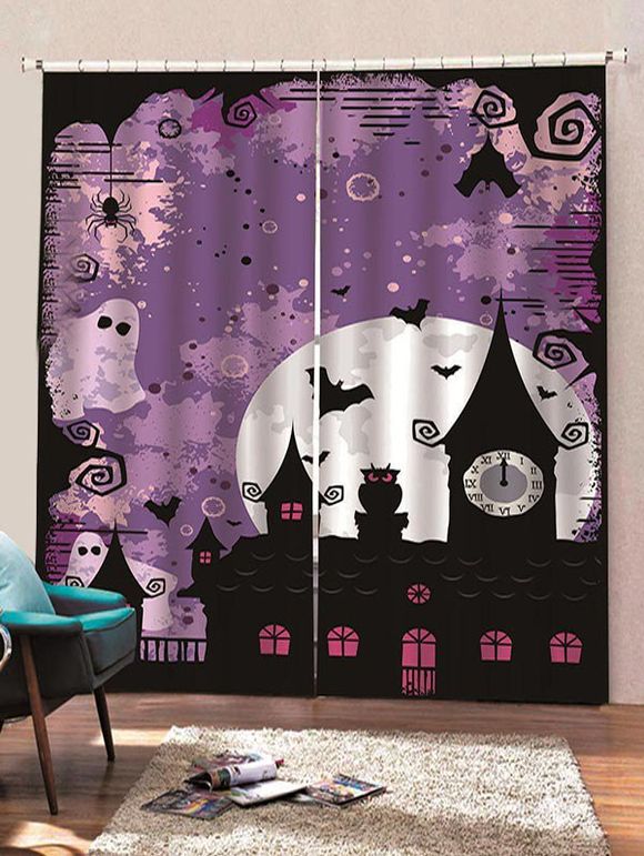 Rideaux de Fenêtre d'Halloween Lune Nuit et Château Imprimés 2 Panneaux - multicolor C W70×L100CM×2PCS