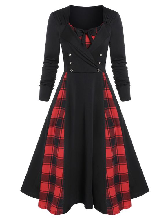 Robe Vintage Mi-Longue à Carreaux Imprimé avec Bouton - Noir 3XL