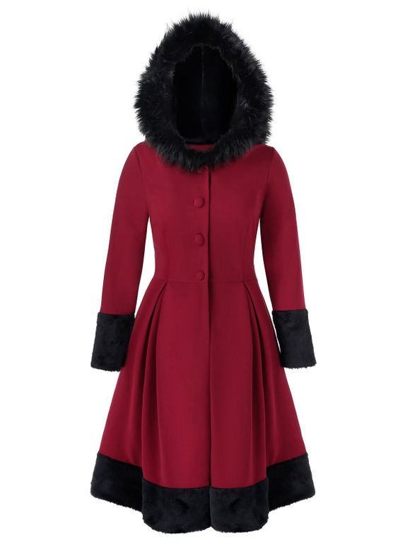 Manteau à Capuche Tunique Bicolore Panneau en Fausse Fourrure de Grande Taille - Rouge Vineux 5X