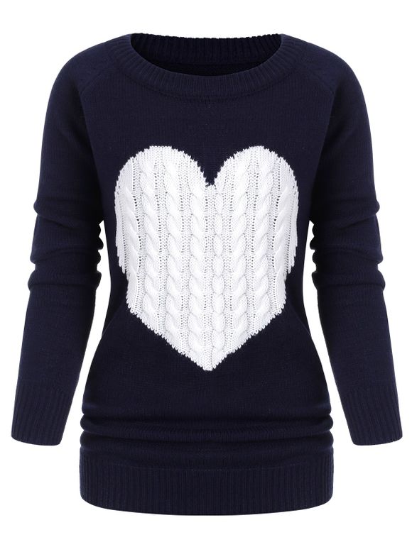 Heart Graphic Cable Knit Raglan Sleeves Sweater - CADETBLUE M