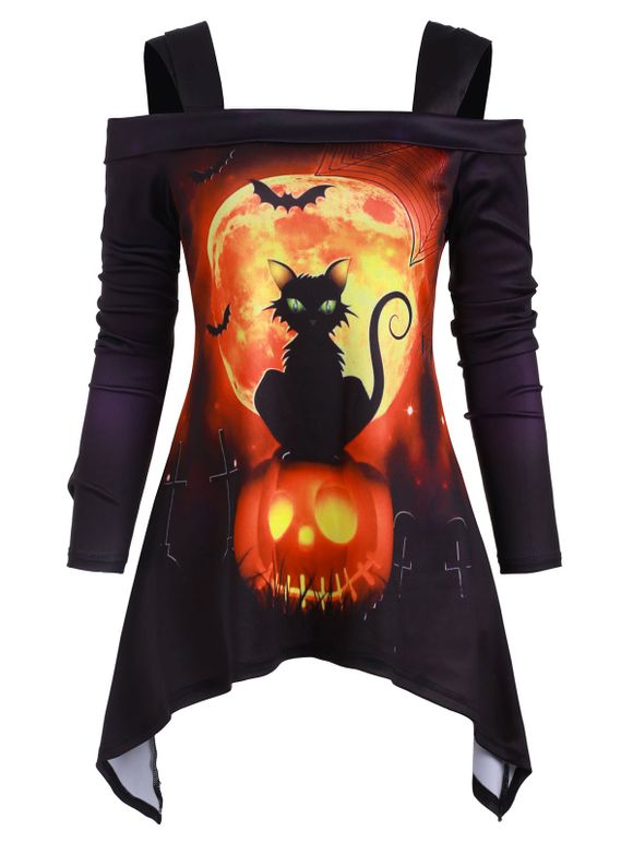 T-shirt Asymétrique d'Halloween Citrouille et Chat à Epaule Dénudée - multicolor L