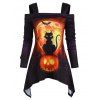 T-shirt Asymétrique d'Halloween Citrouille et Chat à Epaule Dénudée - multicolor L