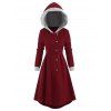 Snap Button Fur Trim Skirted Hooded Coat - RED WINE S