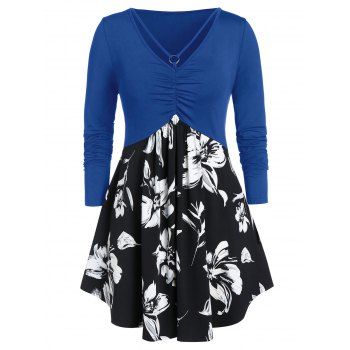 

Plus Size Ditsy Print V Neck Tunic T Shirt, Blueberry blue