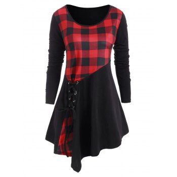 

Plus Size Asymmetric Plaid Lace Up T Shirt, Black