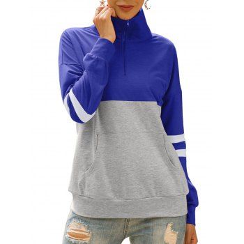 

Half Zip Striped Drop Shoulder Kangaroo Pocket Sweatshirt, Blue