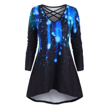 

Plus Size Criss Cross 3D Galaxy Print High Low T Shirt, Twilight black