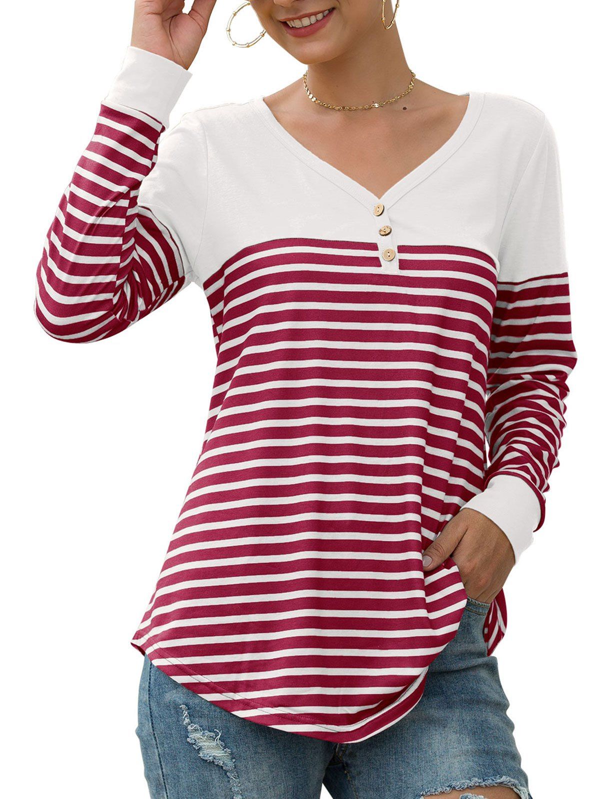 Download 24% OFF 2020 V Neck Striped Mock Button T-shirt In RED ...