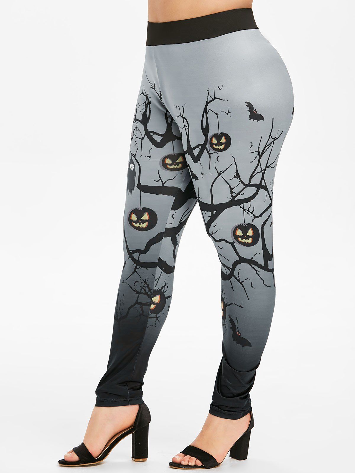Halloween 3D Branch Bat Pumpkin Ghost Print Plus Size Leggings - BLACK 4X
