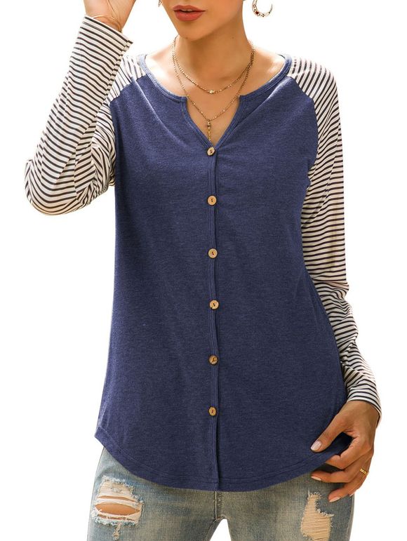 Haut Long Rayé à Manches Raglan - Cadetblue L