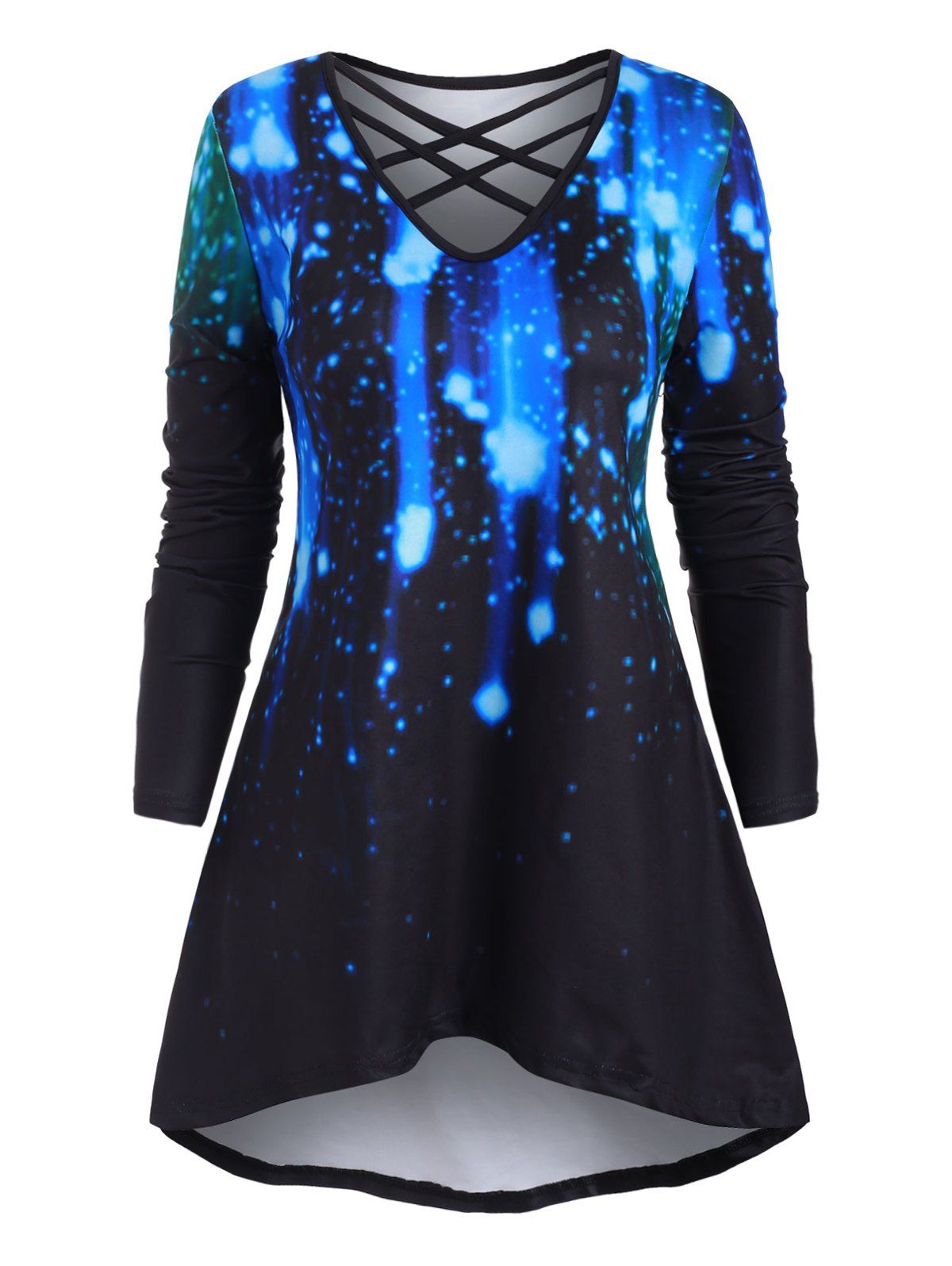 T-shirt Haut Bas Croisé 3D Galaxie Imprimée Grande Taille - Aurora Noir L