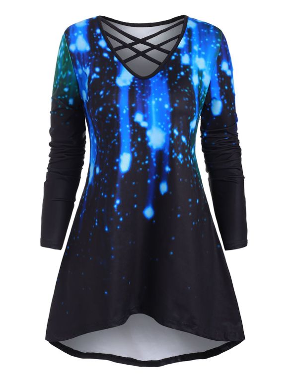 T-shirt Haut Bas Croisé 3D Galaxie Imprimée Grande Taille - Aurora Noir 1X