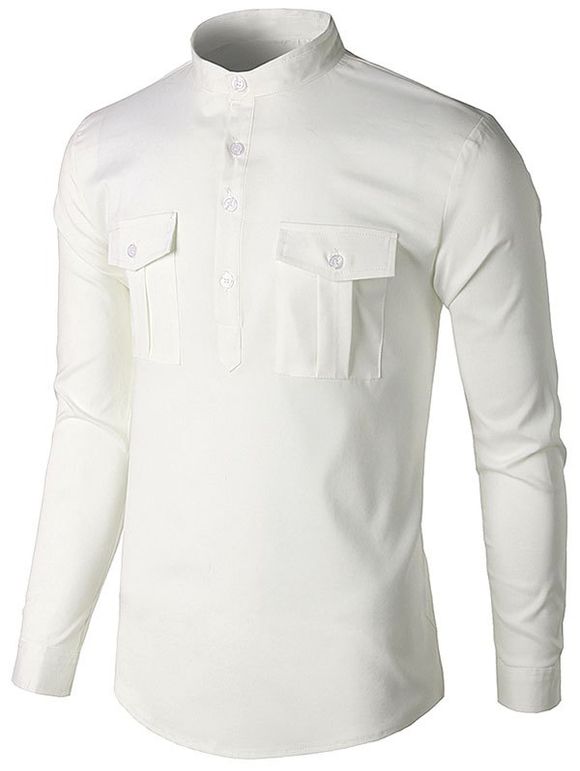 T-shirt à Demi-Bouton en Couleur Unie avec Poche Poitrine - Blanc S