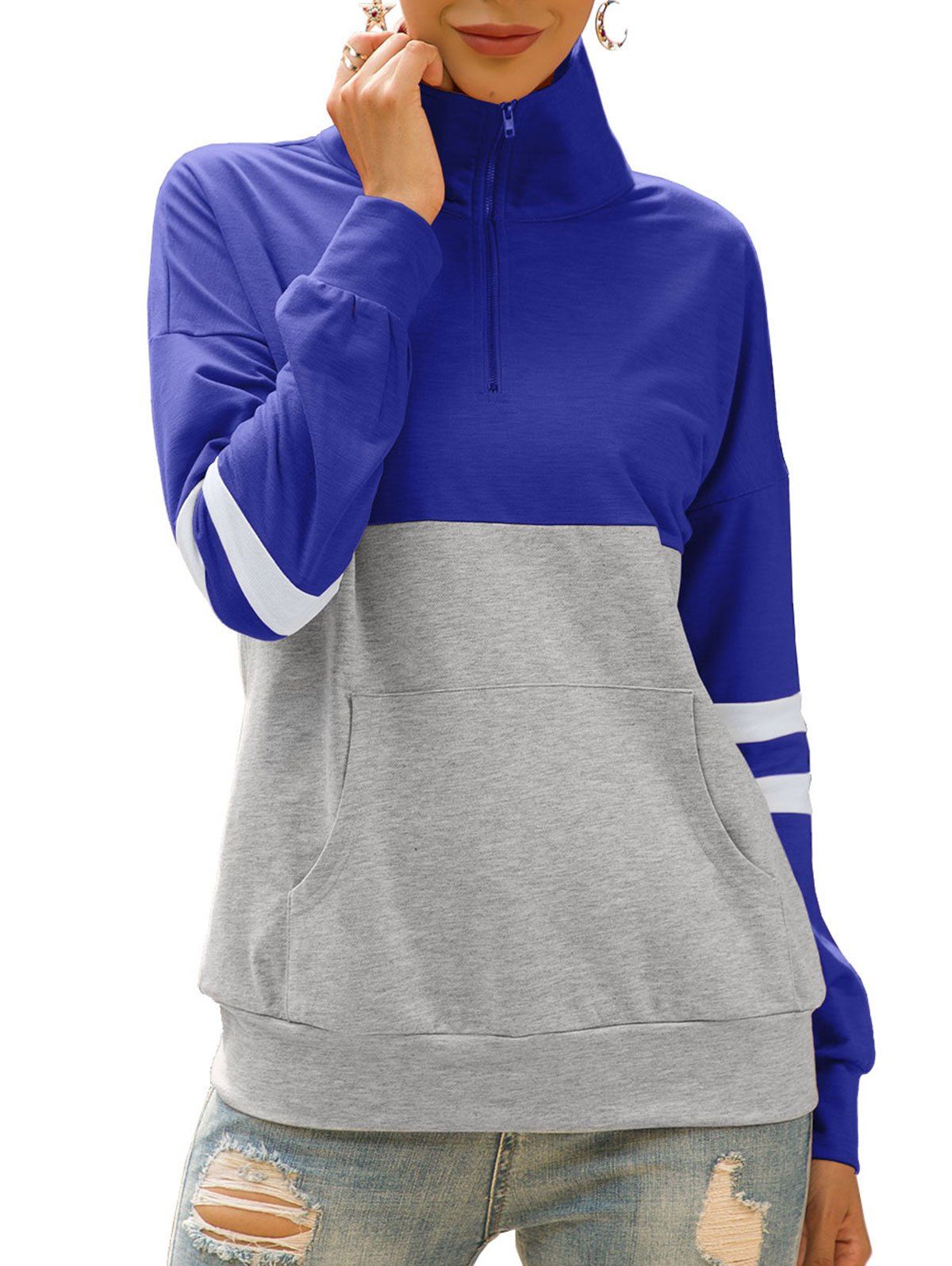 Sweat-Shirt Rayé à Demi-Zip à Goutte Epaule avec Poche Kangourou - Bleu XL
