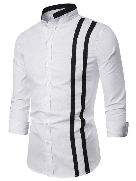 Chemise Boutonnée Ourlet Contrasté à Col Debout - Blanc XL