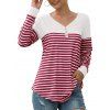 T-shirt Rayé Boutonné à Col V - Rouge S
