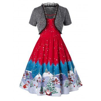 

Plus Size Vintage Christmas Snowman Tree Print Pin Up Dress, Red