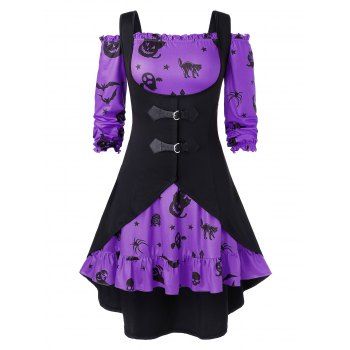 

Plus Size Off The Shoulder Pumpkin Print Halloween Vintage Dress with Vest, Purple flower