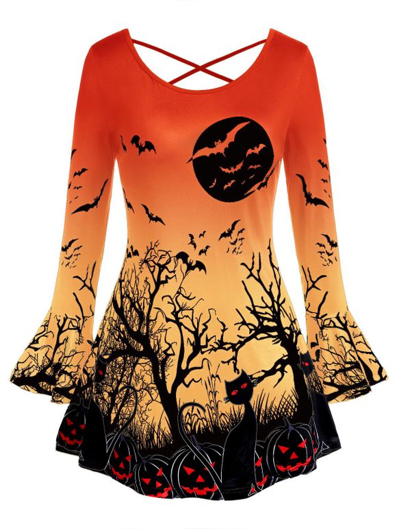 T-shirt d'Halloween Evasé Citrouille Imprimée de Grande Taille à Col Rond - Tangerine 5X