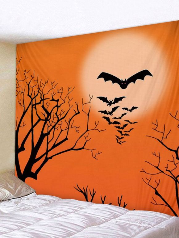 Tapisserie Murale d'Halloween Motif d'Arbre et de Chauve-souris - Orange Halloween W79 X L59 INCH