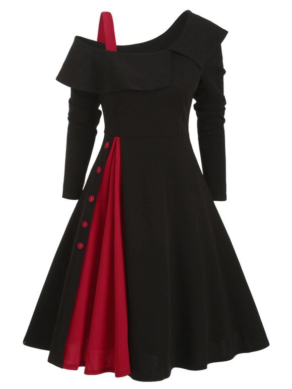 Robe Embellie de Bouton en Blocs de Couleurs à Col Oblique - Noir 3XL