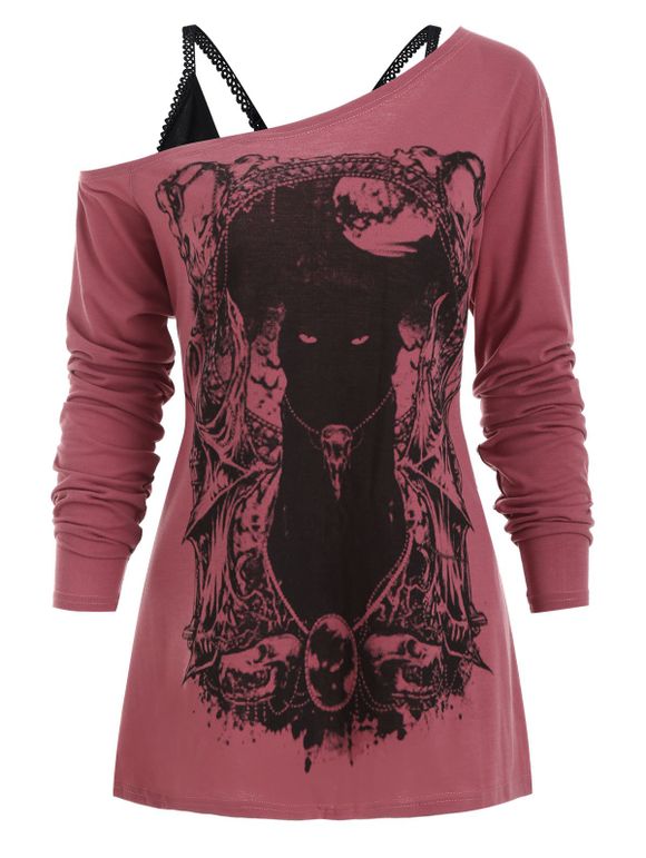 T-shirt Gothique Chat à Col Oblique avec Haut à Bretelle - Rose Tulipe 3XL