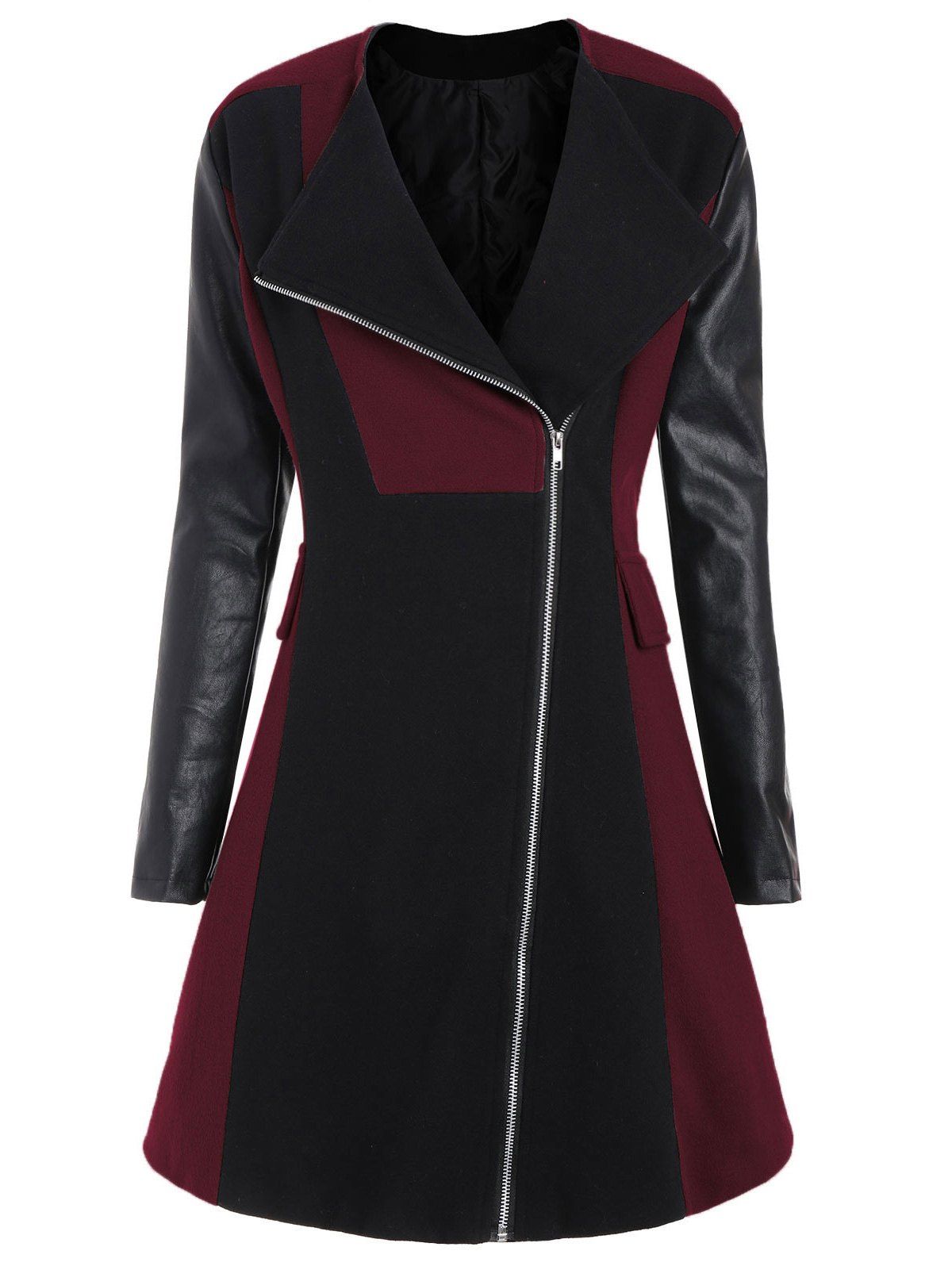 

Plus Size Colorblock PU Insert Zipper Coat, Red wine