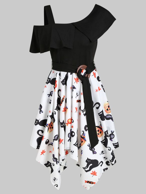 Robe d'Halloween Mouchoir Citrouille et Chat à Col Oblique - multicolor XL