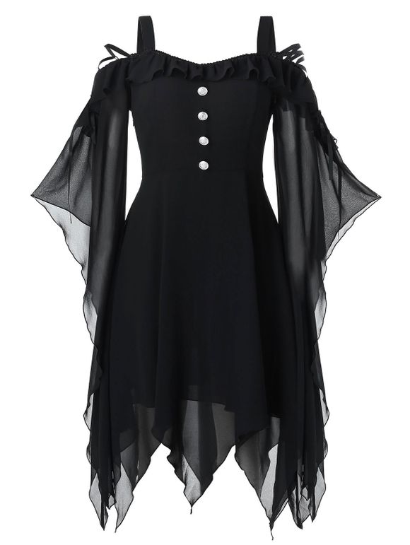 Plus Size Handkerchief Butterfly Sleeve Lace Up Halloween Gothic Dress - BLACK 2X