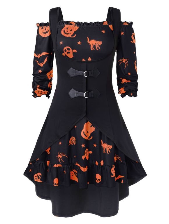 Robe d'Halloween Vintage Citrouille Imprimée à Epaule Dénudée de Grande Taille avec Gilet - Noir 2X