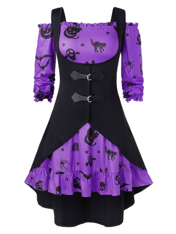 Robe d'Halloween Vintage Citrouille Imprimée à Epaule Dénudée de Grande Taille avec Gilet - Fleur Violet 1X