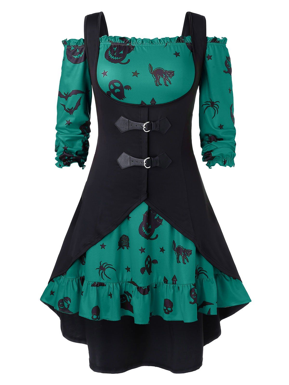 Robe d'Halloween Vintage Citrouille Imprimée à Epaule Dénudée de Grande Taille avec Gilet - Vert Tortue de Mer 1X
