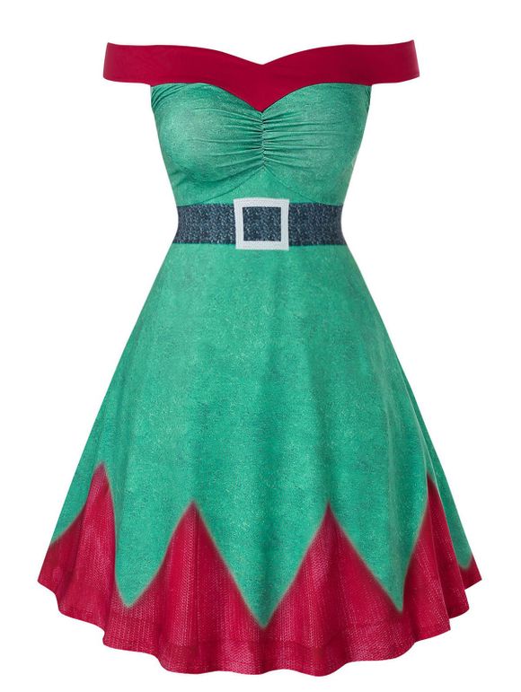 Robe de Noël Ligne A à Epaule Dénudée à Taille Haute de Grande Taille - Vert Serpent L