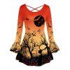 T-shirt d'Halloween Evasé Citrouille Imprimée de Grande Taille à Col Rond - Tangerine 5X