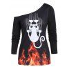 Sweat-shirt d'Halloween 3D Chat et Feu Imprimés à Col Oblique - Noir 3XL