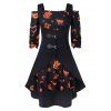 Robe d'Halloween Vintage Citrouille Imprimée à Epaule Dénudée de Grande Taille avec Gilet - Noir 5X