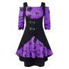 Robe d'Halloween Vintage Citrouille Imprimée à Epaule Dénudée de Grande Taille avec Gilet - Fleur Violet L