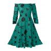 Plus Size Off The Shoulder Pumpkin Print Halloween Vintage Dress with Vest - SEA TURTLE GREEN 1X
