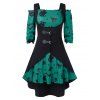 Robe d'Halloween Vintage Citrouille Imprimée à Epaule Dénudée de Grande Taille avec Gilet - Vert Tortue de Mer 2X