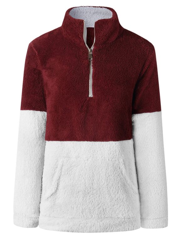 Sweat-shirt Fourré en Blocs de Couleurs avec Poche Kangourou - Rouge Vineux XL