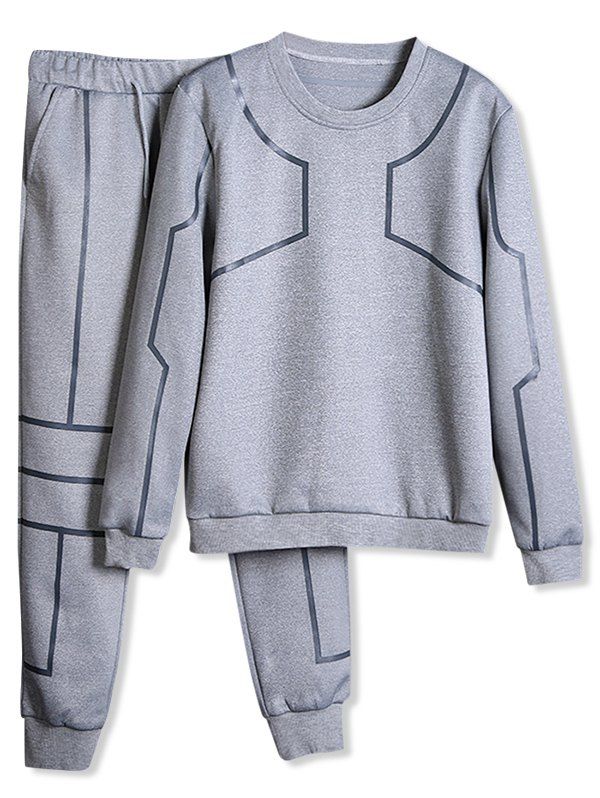 

Line Print Sweatshirt And Drawstring Pants Set, Light gray