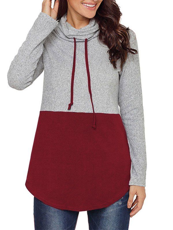 

Colorblock Cowl Neck Drawstring Sweatshirt, Red wine