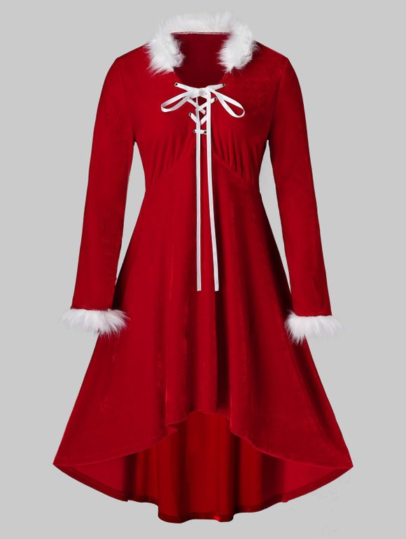 Robe Mi-Longue de Noël Haute Basse en Velours Grande Taille à Lacets - Rouge Rubis 3X